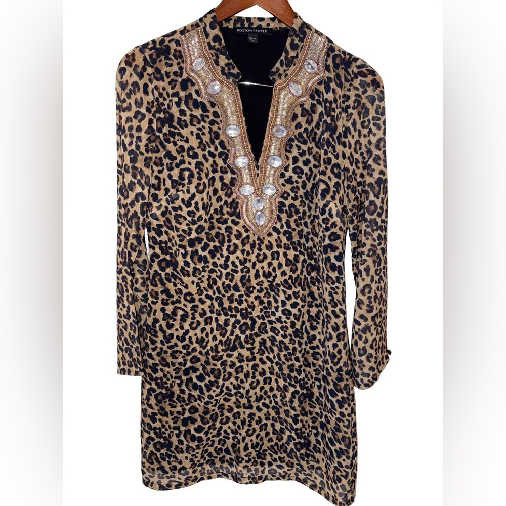 Boston Proper Leopard Print Embellished Tunic Dress XS Jeweled Neck Animal Print - Picture 3 of 8